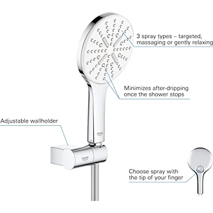 Grohe Rainshower SmartActive 130 Duschbrause, 3 Strahlarten, 9.5 l/min, mit verstellbarem Wandhalter und TwistFree Duschschlauch, Chrom – Bild 3
