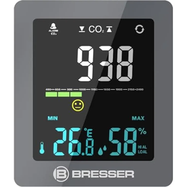 Bresser CO² Luftqualitätsmonitor, Thermometer + Hygrometer mit CO2-Ampel und Lüftungsalarm, Grau – Bild 2