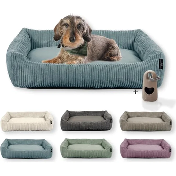 Rohrschneider Hundebett waschbar | für kleine und mittelgroße Hunde | mit Hundekissen Cord | 2 Größen (ca. 55x42 cm/ca. 70x50 cm) inkl. Gassibeutel (Türkis, Cordstoff breit) – Bild 1