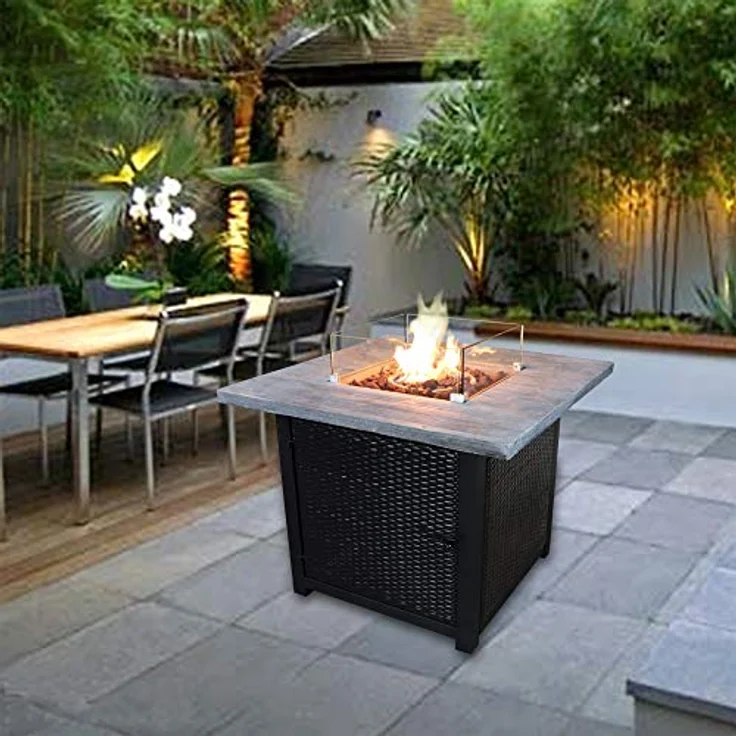 Teamson Home Draussen Garten Rattan Propangas Feuerstelle Tischbrenner, Rauchfreie Feuerstelle, Terrassenmöbelheizung mit Glasscheibe, Lavasteinen und Abdeckung – Bild 2