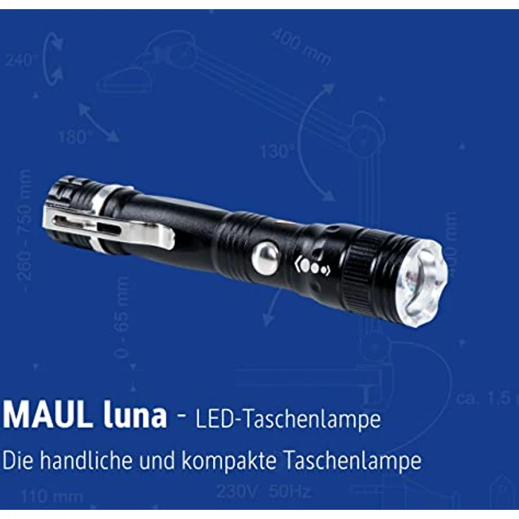Maul LED-Taschenlampe Luna – robuste und outdoor-taugliche LED Taschenlampe inkl. Halteclip aus Metall – Stabtaschenlampe mit langer Leuchtdauer und Spritzwasserschutz (IPX4) – schwarz – Bild 2