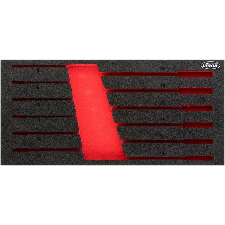 Vigor Weichschaumeinlage V5077-L, leer, 2K Weichschaum, l x b x h: 393 mm x 188 mm x 35 mm, resistente Oberflächen gegen Öle und Fette, rote Mulden zur Werkzeugerkennung
