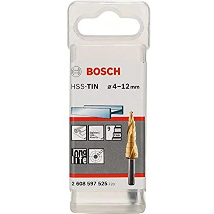 Bosch Accessories HSS Stufenbohrer 4-12 mm TiN, Gesamtlänge 66,5 mm, 3-Flächenschaft, ideal für Nichteisenmetalle und Kunststoff
