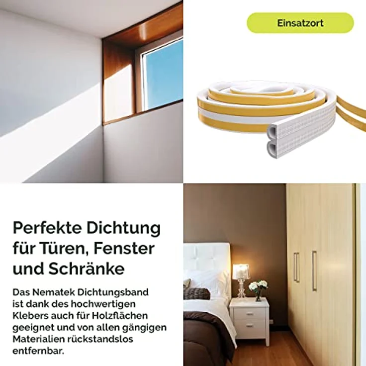 Nematek Dichtungsband Fenster - Türdichtung D-Profil schnell montiert - Zugstopper - selbstklebend, weiß (5-7 mm) – Bild 4