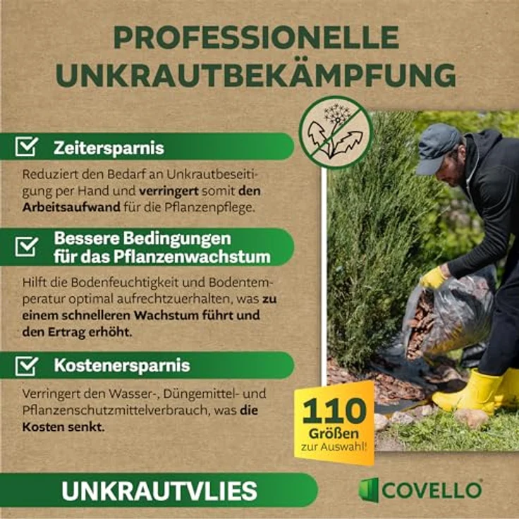 Covello Unkrautvlies Premium Line 1m² - wasserdurchlässige Unkrautfolie, UV-stabil, reißfest, 50g/m² für Garten, Blumengärten, Gemüsegärten – Bild 2
