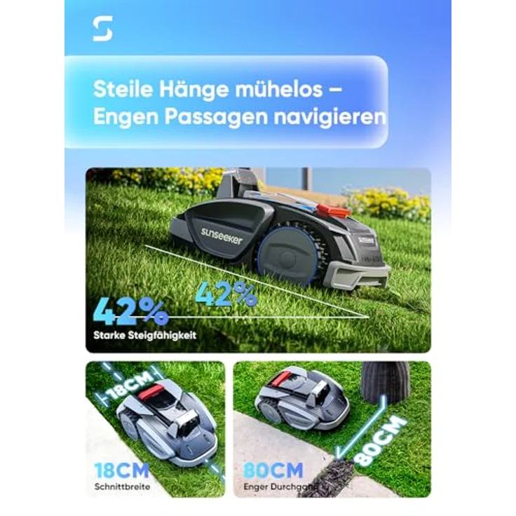 Sunseeker V3 Plus, Kabelloser Rasenmäher Roboter 1000㎡ mit KI-basierter Vision, intelligentem Hindernisvermeidungssystem, 42% Neigung, leisem Betrieb und App-Control – Bild 5
