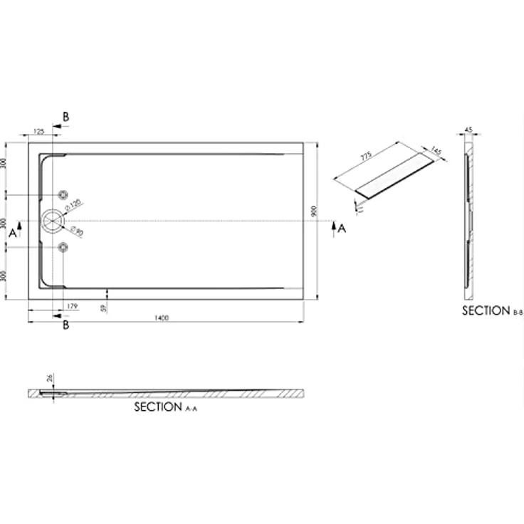 BERNSTEIN Duschtasse 140x90 cm, Mineralguss Duschwanne in Anthrazit Matt mit flacher Bauhöhe und Gefälle, rutschfest und einfach zu reinigen – Bild 5