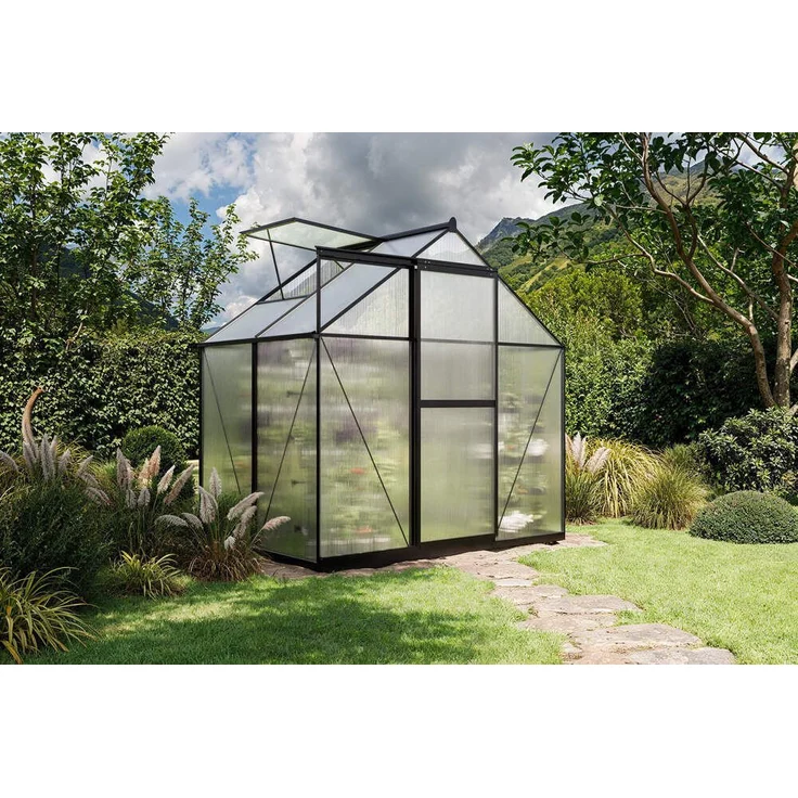 OUTFLEXX Gewächshaus Verde Basic, schwarz, Aluminium/Polycarbonat, 130x183x190 cm, pulverbeschichtet, UV-geschützt, mit Schiebetür und Dachfenster