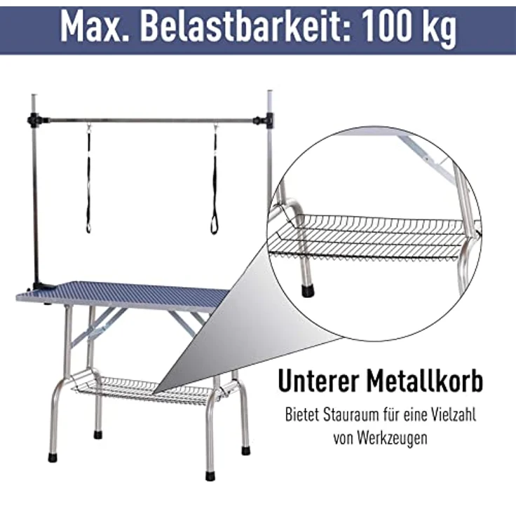 Pawhut Trimmtisch Tierpflegetisch Schertisch Pflegetisch mit Unterkorb für Hunde höhenverstellbar klappbar Edelstahl Metall Blau 107 x 60 x 170 cm – Bild 5
