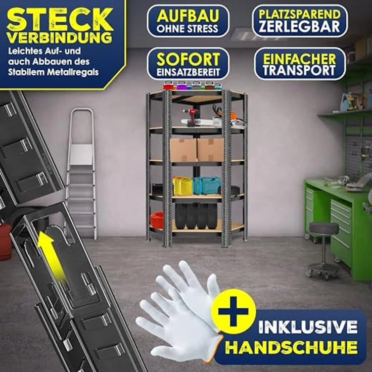 MASKO Eckregal Lagerregal Schwerlastregal, Kellerregal, 180x75x40cm , bis 875 kg, 5 verstellbare Ablagen, MDF-Platten Regal aus Metall, Steckregal, Werkstattregal, Keller, Garage Schwarz – Bild 8
