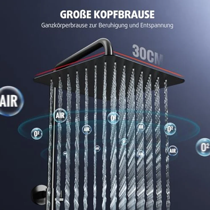 Rainsworth Duschsystem mit Thermostat, schwarze 30x30cm Regendusche, höhenverstellbare Duschstange und 3 Strahlarten – Bild 3