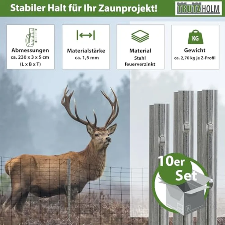 TRUTZHOLM Z-Profil Zaunpfosten 230 cm, feuerverzinkt, 10x Zaunpfähle, 1,5 mm Stärke, wetterbeständig und robust, Silber – Bild 2