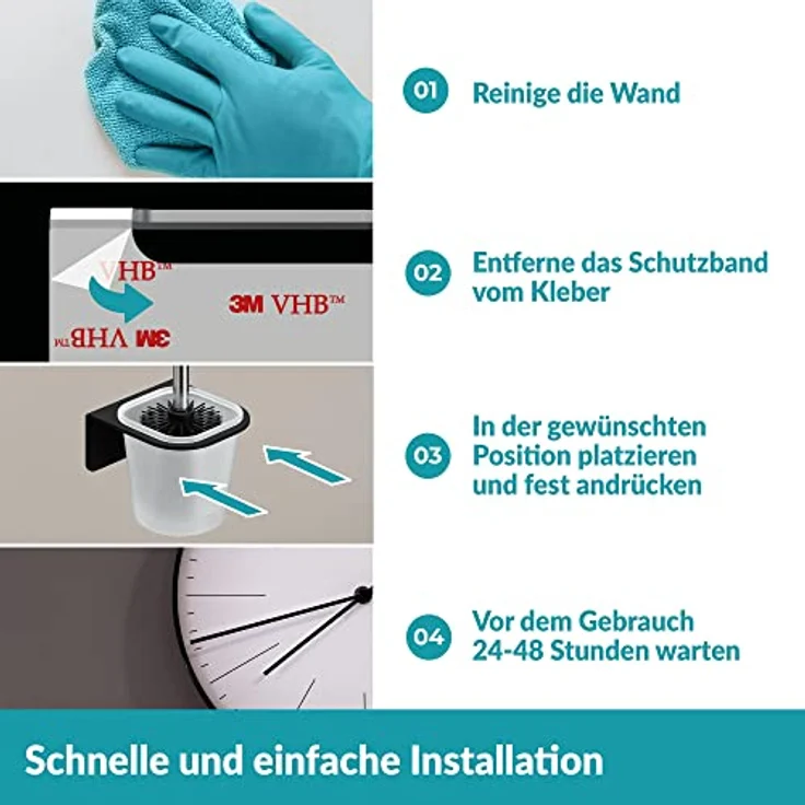 WEISSENSTEIN Toilettenbürstenhalter Set zur Wandmontage ohne Bohren - WC-Garnitur Set mit Bürste, Bürstenhalter aus Glas, schwarzer Edelstahl Halterung zum Kleben – Bild 4