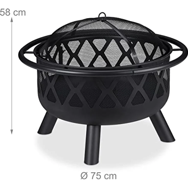 relaxdays Feuerschale mit Grillrost & Funkenschutz, XXL Feuerstelle in Schwarz, ideal für Terrasse und Garten – Bild 4
