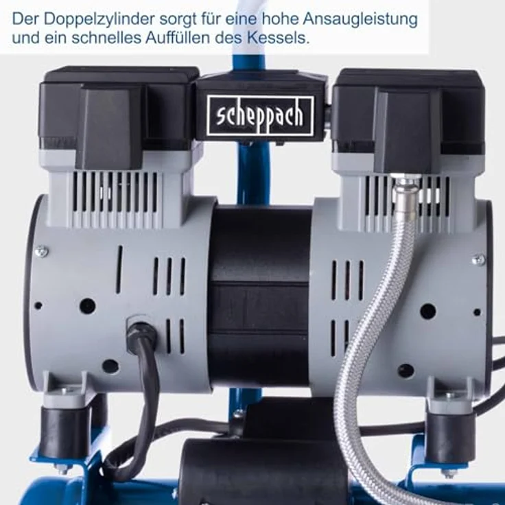 Scheppach Ultra Silent Kompressor HC08Si | 1,5PS / 1100W | 8 bar | 6 Liter | 162 l/min Ansaugleistung | 67,4 db(A)* Leise | + Druckminderer & Kupplung – Bild 6