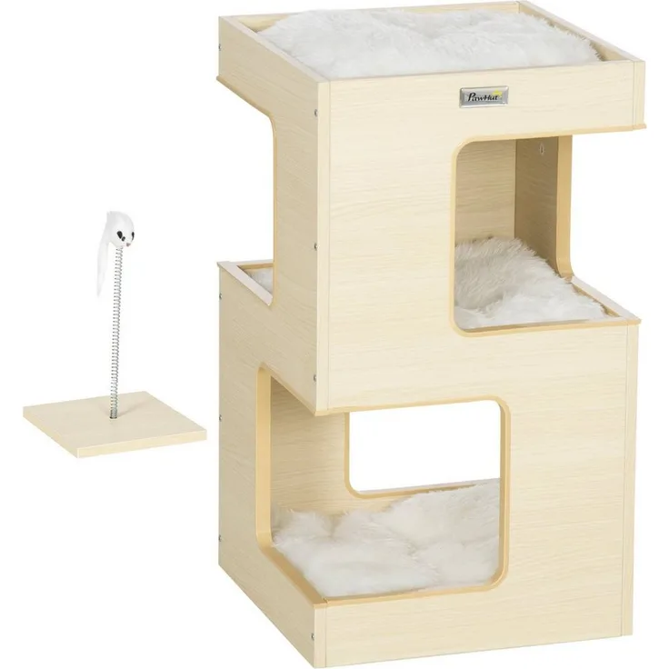 PawHut Tierhaus Katzentonne, KatzenhГ¶hle, 2 Ebenen, inkl. Spielzeug, Eiche, 34L x 34B x 60H cm, Weiche Polsterung, Mausspielzeug, Geeignet für Katzen unter 5 kg