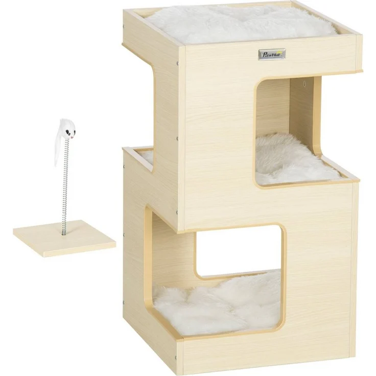 PawHut Tierhaus Katzentonne, KatzenhГ¶hle, 2 Ebenen, inkl. Spielzeug, Eiche, 34L x 34B x 60H cm, Weiche Polsterung, Mausspielzeug, Geeignet für Katzen unter 5 kg – Bild 1