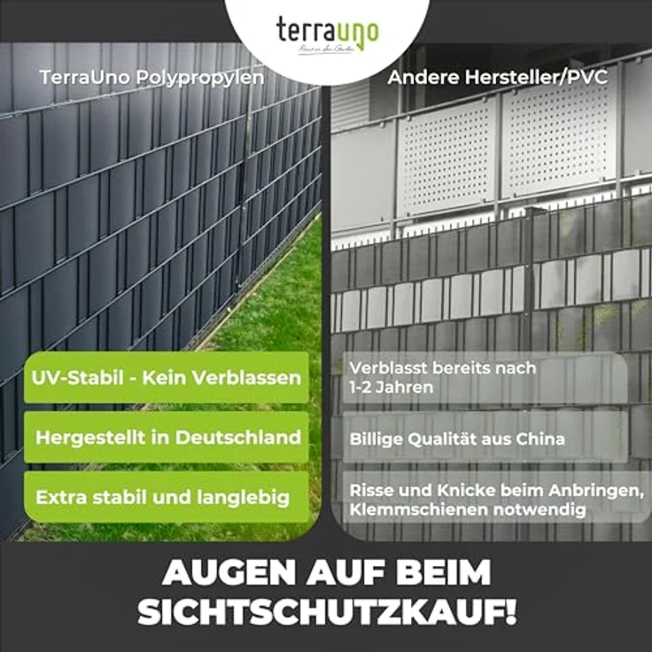 TerraUno Sichtschutzstreifen für Doppelstabmatten, Polypropylen, 100% blickdicht, UV-beständig, Anthrazit RAL 7016, 26m x 19cm Rolle, Lederoptik, Made in Germany – Bild 3