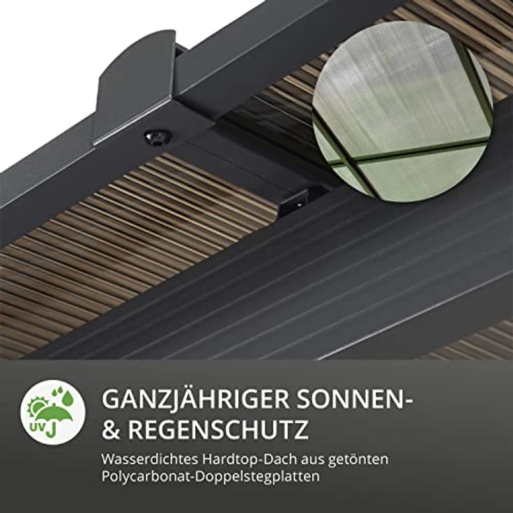 LECO Terrassenüberdachung – freistehende 3 x 4 m Überdachung mit wasserdichtem Hardtop-Dach (Polycarbonat-Doppelstegplatten) und verschließbaren Seitenteilen - lichtgrau - Preisvergleich – Bild 3