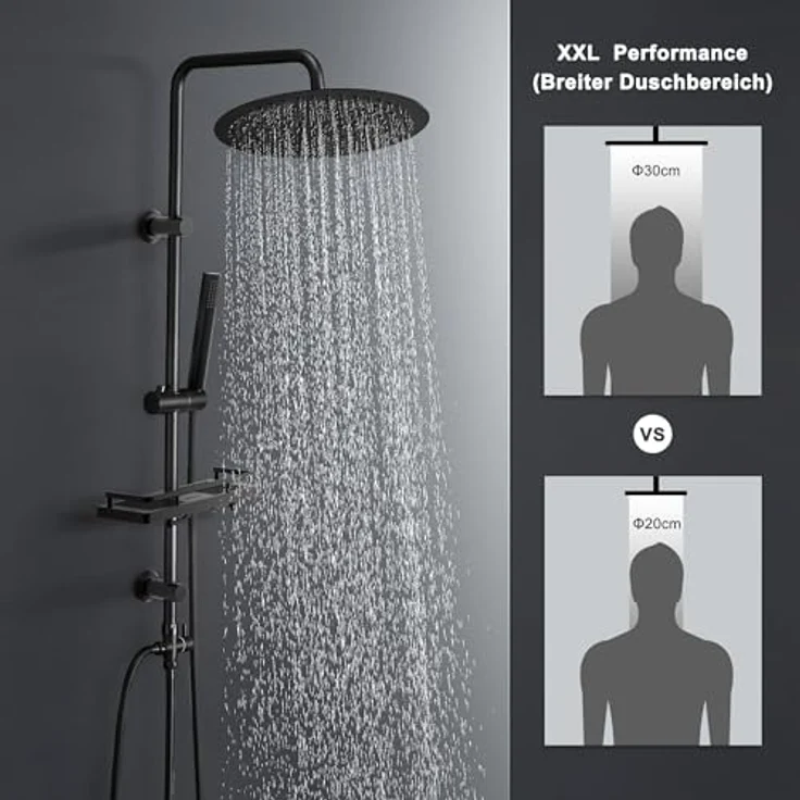 Görbach Regendusche Duschsystem, Wassersparend mit XXL Kopfbrause 30 cm in Schwarz, Edelstahl-Duschstange und flexible Wandhalterung – Bild 2