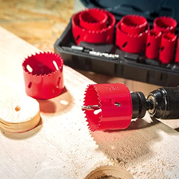 Bi-Metall Lochsäge, HYCHIKA 17tlg Lochsägen Set mit 11 Sägeblättern Ø20mm-68mm, 2 Dornen, 3 Bohrern, 1 Sechskantschlüssel, Ideal zum Bohren von Weichmetall, Holz, PVC-Platte und Kunststoffplatte – Bild 5