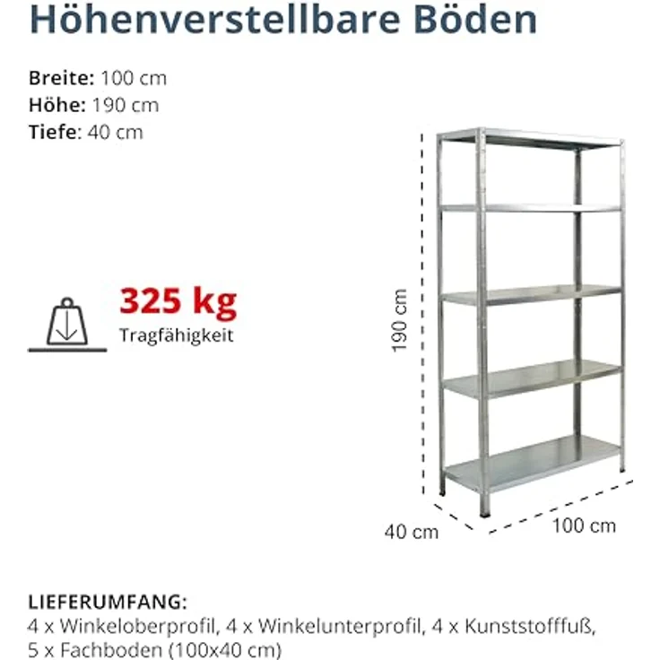 SCHULTE Regalwelt Steckregal mit 5 PowerMAX Fachböden, 65 kg Tragkraft, 190x100x40 cm (HxBxT), verzinkt, Lagerregal, Werkstattregal, Kellerregal, Garagenregal, Metallregal – Bild 3