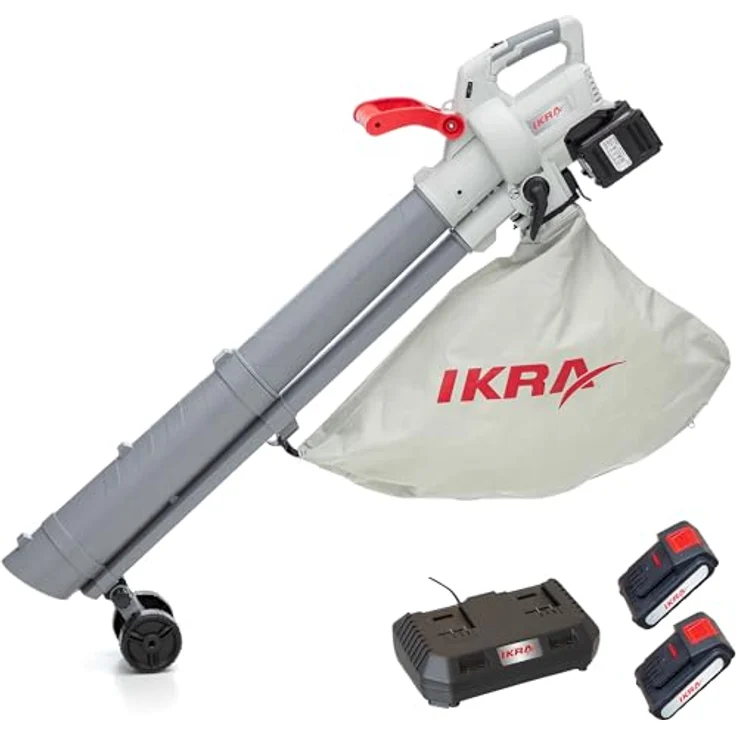 Ikra 3-in-1 Laubsauger + Laubbläser, Akku-Gerät mit 210 km/h Blasgeschwindigkeit, grau-rot, inkl. 45-Liter-Auffangbeutel und Schnellader – Bild 1