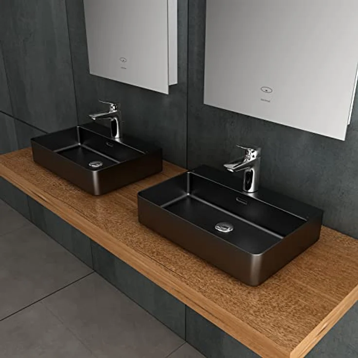 Alpenberger Waschbecken 60 cm | Aufsatzwaschbecken Schwarz Matt Gäste WC | Keramik Waschbecken Eckig | Aufsatzwaschbecken mit Überlauf & Hahnloch | Lavabo Badwaschtisch mit Nano – Bild 3