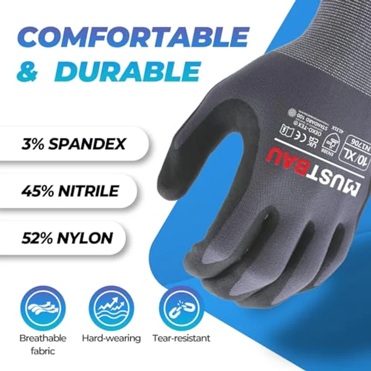 Mustbau Arbeitshandschuhe Schwarz, Nitril-beschichtet mit Touchscreen-Funktion, Größe XL, 6 Paare, ideal für Mechaniker, Gartenarbeit und Bauarbeiten – Bild 3