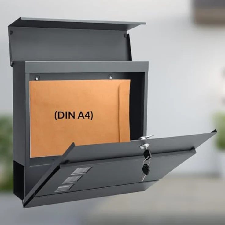 monzana Design Briefkasten Stahl anthrazit mit Zeitungsfach Sichtfenster 2 Schlüssel Namensschild Wandbriefkasten – Bild 2