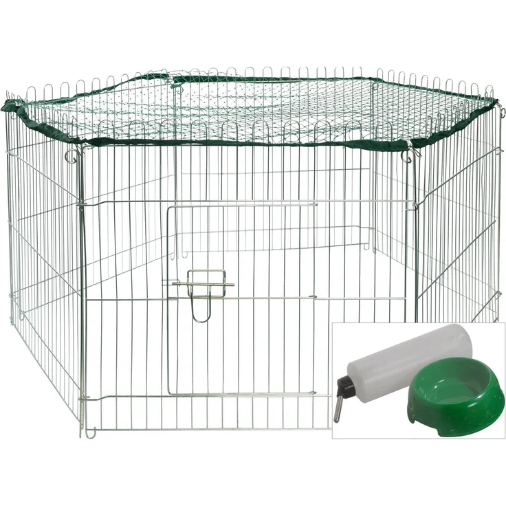 dobar Kleintierstall Kaninchengehege 6-eckig mit Nylon-Schutznetz und Trinkflasche, silber