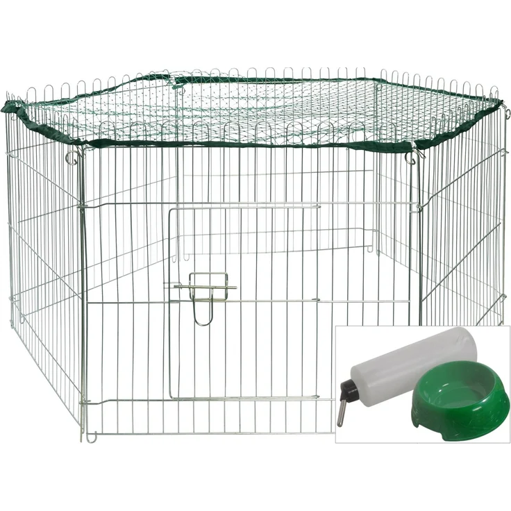dobar Kleintierstall Kaninchengehege 6-eckig mit Nylon-Schutznetz und Trinkflasche, silber