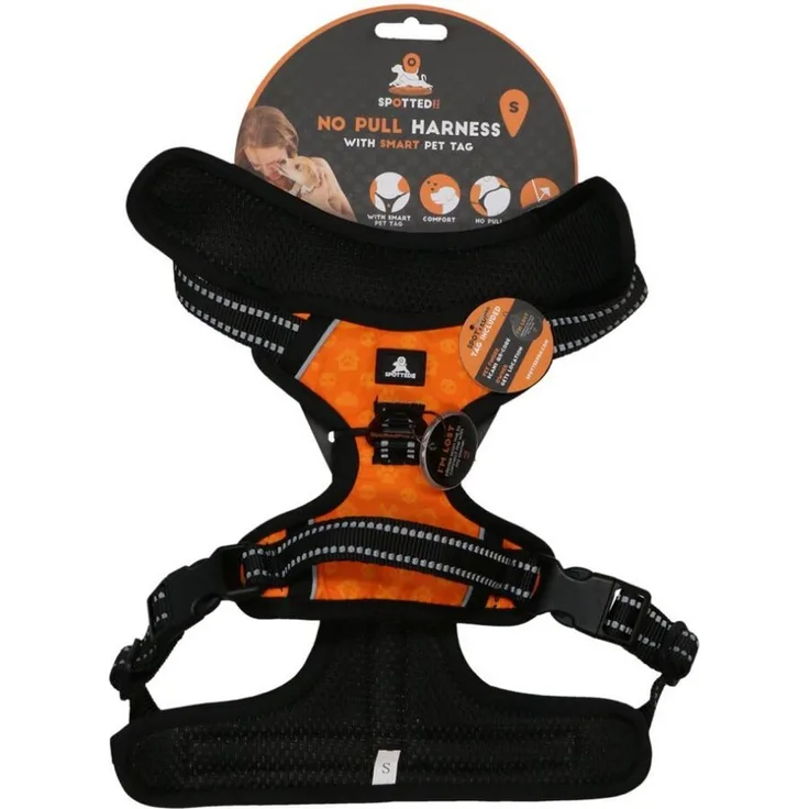 Spotted! Pro NO-Pull Hundegeschirr und Leine, Orange, Größe S mit reflektierenden Elementen und digitaler Hundemarke