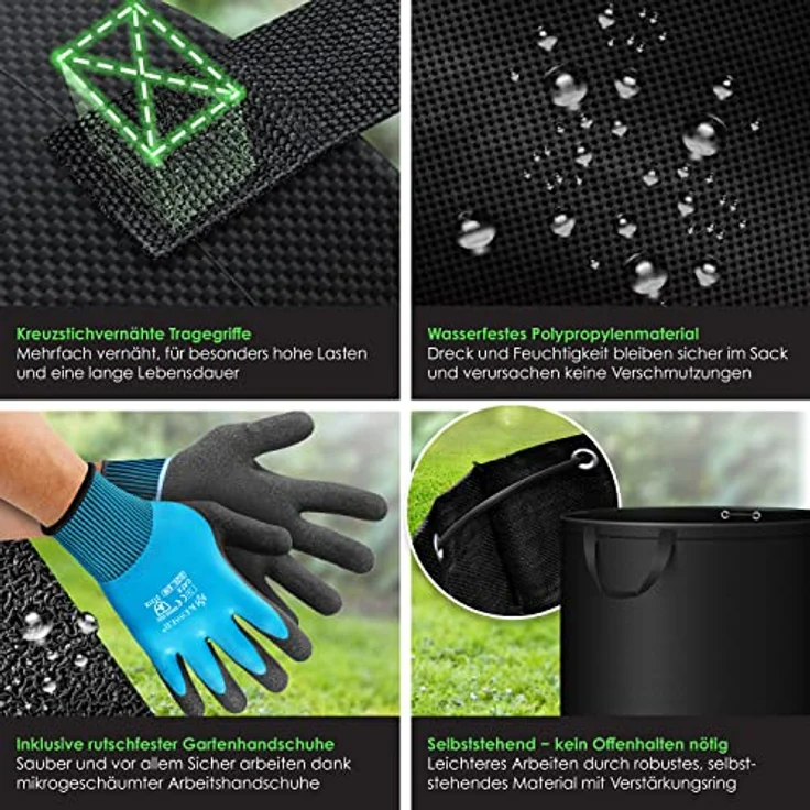 KESSER® Gartensack 2x 500L Set Laubsack Gartenabfallsack inkl. Handschuhe - Selbststehend 4 Griffe Stabil Robust & Faltbar - Laubsäcke Rasenschnitt für Gartenabfälle Grünschnitt Schwarz – Bild 3