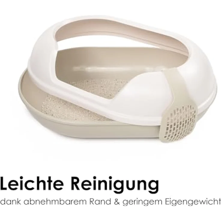 LucyBalu® Arena Katzenklo mit hohem Rand | große hop-in Katzentoilette geruchsfrei | modernes Design Katzenklo mit Einstieg von Oben | offenes XXL Katzen WC | inkl. Streuschaufel | Taupe/weiß – Bild 3