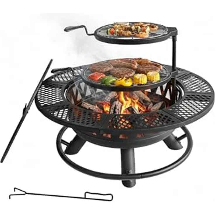 Relaxdays Feuerschale Ø 92 cm, Gartenfeuerstelle mit verstellbaren Grillrosten, Deckel, Schürhaken und Schutzhülle, Schwarz, 61 x 92 x 92 cm – Bild 1
