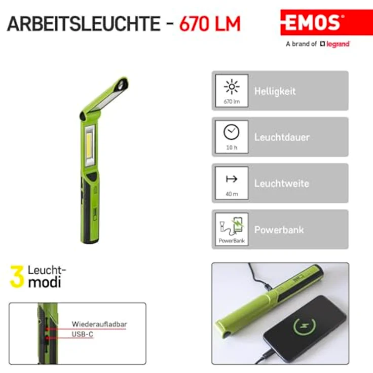 Emos LED Taschenlampe P4535, wiederaufladbar (670 lm, schwarz-grün) – Bild 2