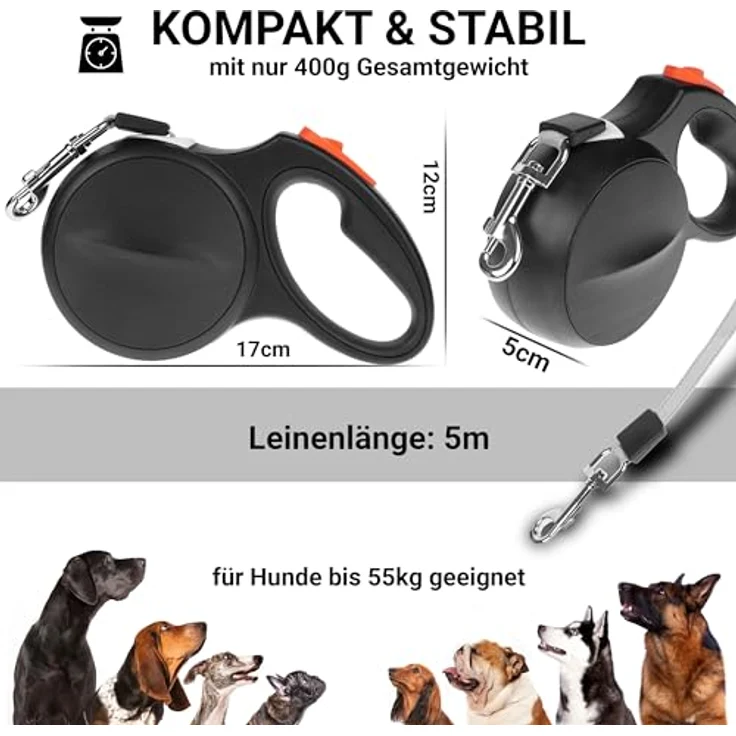FinoPet Hundeleine große Hunde und mittelgroße bis 55 KG, 5m automatisches Bremssystem, Rollleine, Laufleine - stark reflektierend – Bild 2