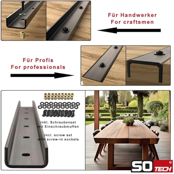 SOTECH 3 Stück U-Form Gratleisten 600 x 40 x 20 mm, Vintage Look für Tischplatten, hohe Belastbarkeit, inkl. Installationsmaterial – Bild 2