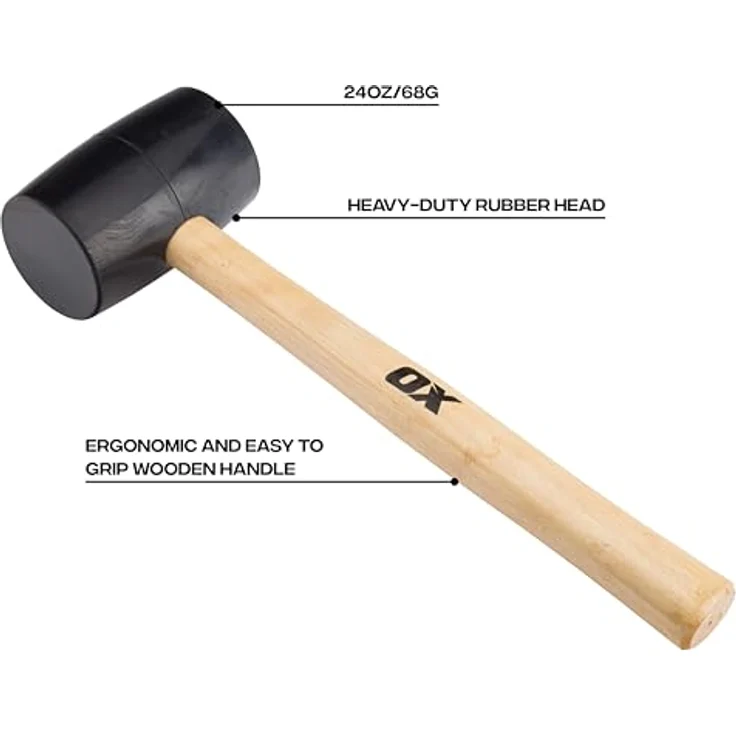 OX Trade Black Rubber Mallet, 24 oz Gummihammer mit ergonomischem Holzgriff und nicht markierendem Kopf – Bild 3