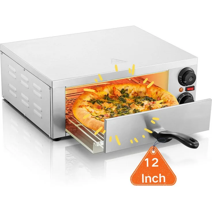 FOHERE Elektrischer Pizzaofen 12 Inch, 1800W Edelstahl Pizzabackofen, 350 °C, 3-Min-Schnellbackzeit