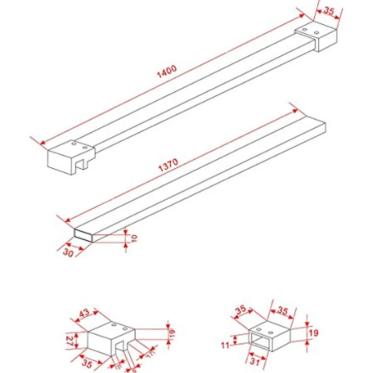 Glasdeals Haltestange 140 cm, verchromter Messing Haltegriff für Duschwand, kantiges Profil – Bild 3