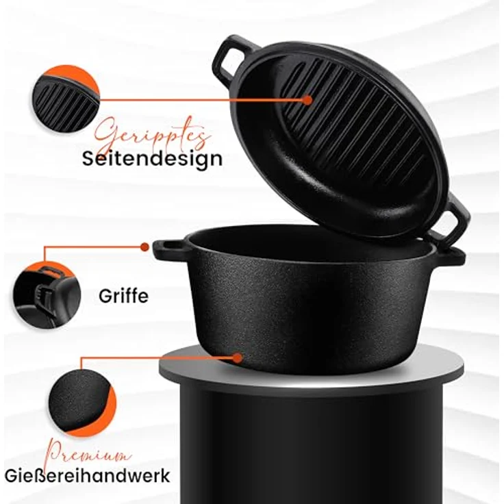 KICHLY 2 in 1 Gusseisen Dutch Oven, Vorgewürzter 5 QT mit Grillpfannendeckel – Ideal zum Brot Backen, Kochen, Braten, Schmoren & Grillen im Innen- und Außenbereich – Bild 2