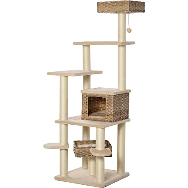 PawHut Rattan Kratzbaum mit Katzenhöhle Mehrstufiger Katzenbaum Kletterbaum für Katzen E1 MDF Sisal Beige+Braun 55 x 55 x 174 cm