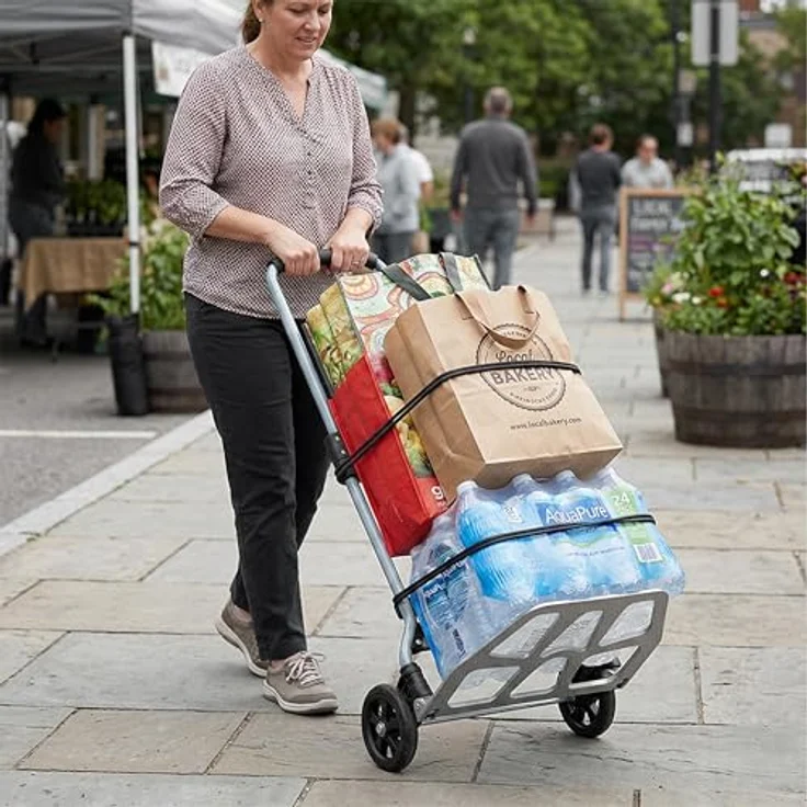 relaxdays Klappbare Sackkarre bis 120 kg, grau - Robuster Stahlrahmen, Teleskopgriff, Soft-Laufräder, Antirutschfläche, inklusive 2 Expanderseile – Bild 2