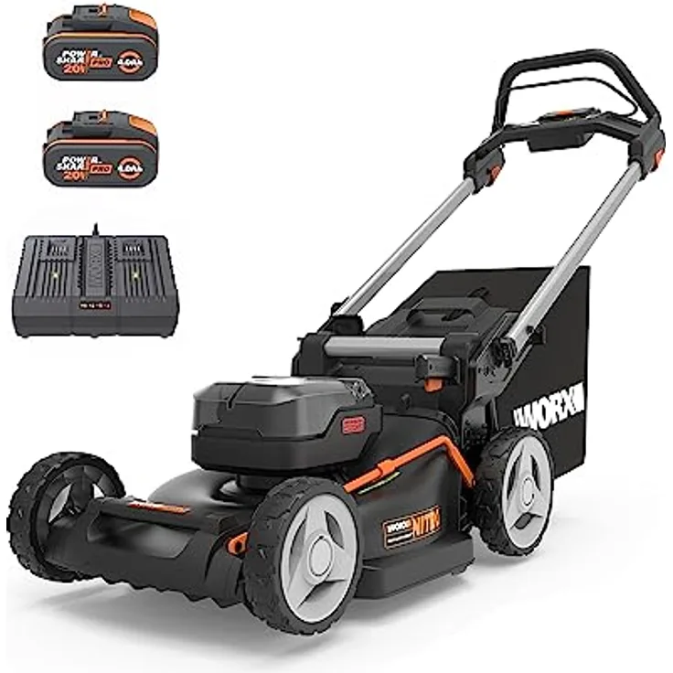 WORX WG748E NITRO Akku-Rasenmäher 40V(2x20V) - leistungsstarke bürstenloser Motor -46cm Schnittbreite - automatische Motorleistungsanpassung - 7 Schnitthöhenstufe - inkl. 2x4Ah Akkus & Dual-Ladengerät - Preisvergleich