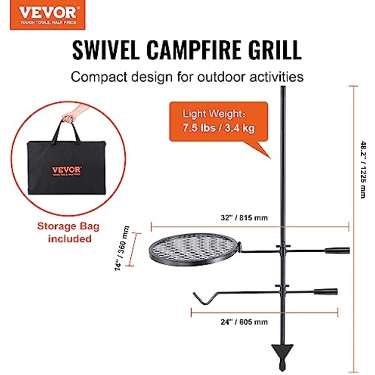 VEVOR Drehspieß Schwenkgrill Stahl 360 x 360 mm, Holzkohlegrill Doppelte Schichten Grillrost Grillgestell 6 kg Belastbarkeit 300 ℃ Freistehend Spießbratengrill BBQ Grill Grillwagen Barbecue Outdoor – Bild 2