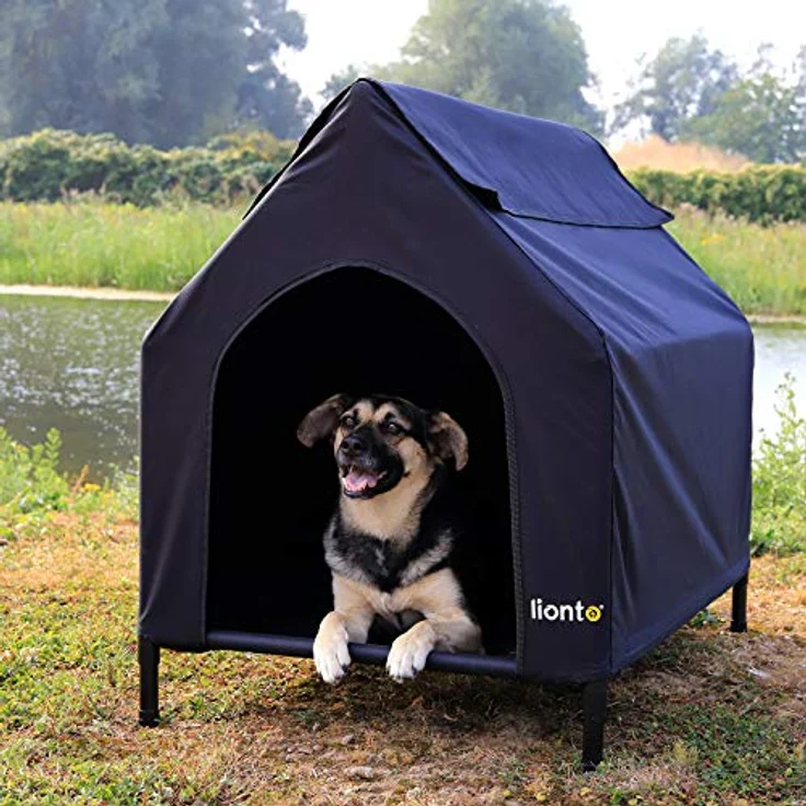 lionto Überdachte Hundeliege erhöhte Hundehütte Hundebett mit Dach, (S) 90x65x85 cm schwarz – Bild 2