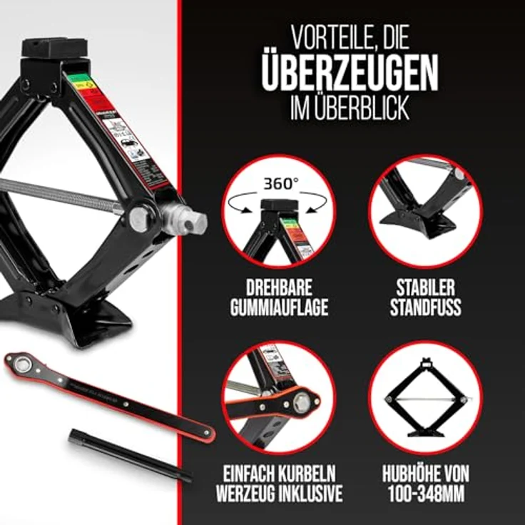 HEYNER® Ultra Lift S PRO Scherenwagenheber 1t, "Black Edition", Hubhöhe 100–348mm, inkl. Tasche, 17mm Ratsche und Gummiauflage, GS-zertifiziert – Bild 2