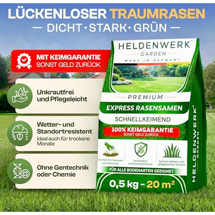 HELDENWERK® Rasensamen schnellkeimend 0,5kg für 20m² - 100% Keimgarantie, robust für alle Bodenarten, ideal für Nachsaat und Neusaat, Sport- & Spielrasen – Bild 2